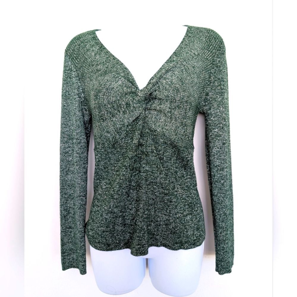 Metallic Green Silver Twist Front V Neck Rib Knit Long Sleeve Stretch Blouse